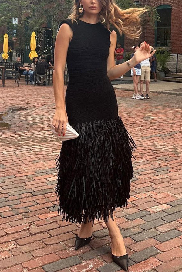Sleeveless Crew Neck Tiered Fringed Hem Maxi Dress