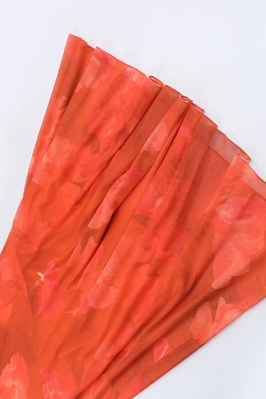 Orange Strapless Mermaid Ruched Abstract Floral Print Maxi Dress