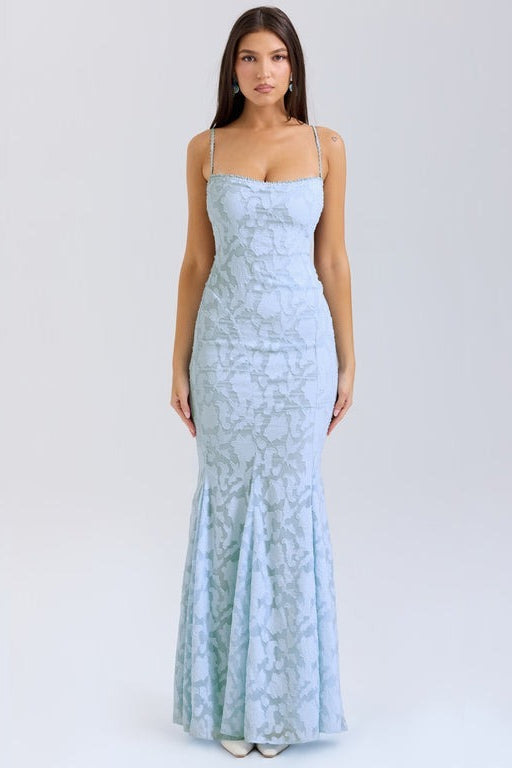 Jacquard Square Neck Spaghetti Strap Mermaid Maxi Gown