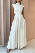 Mock Neck Sleeveless Side Cut Out Waist Pocketed Gathered Maxi Dress