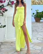 Strapless Sweetheart Ruched Cascade Ruffle High Split Maxi Dress