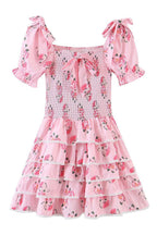 Floral Print Smocked Square Neck Tie-Shoulder Tiered Ruffle Mini Dress