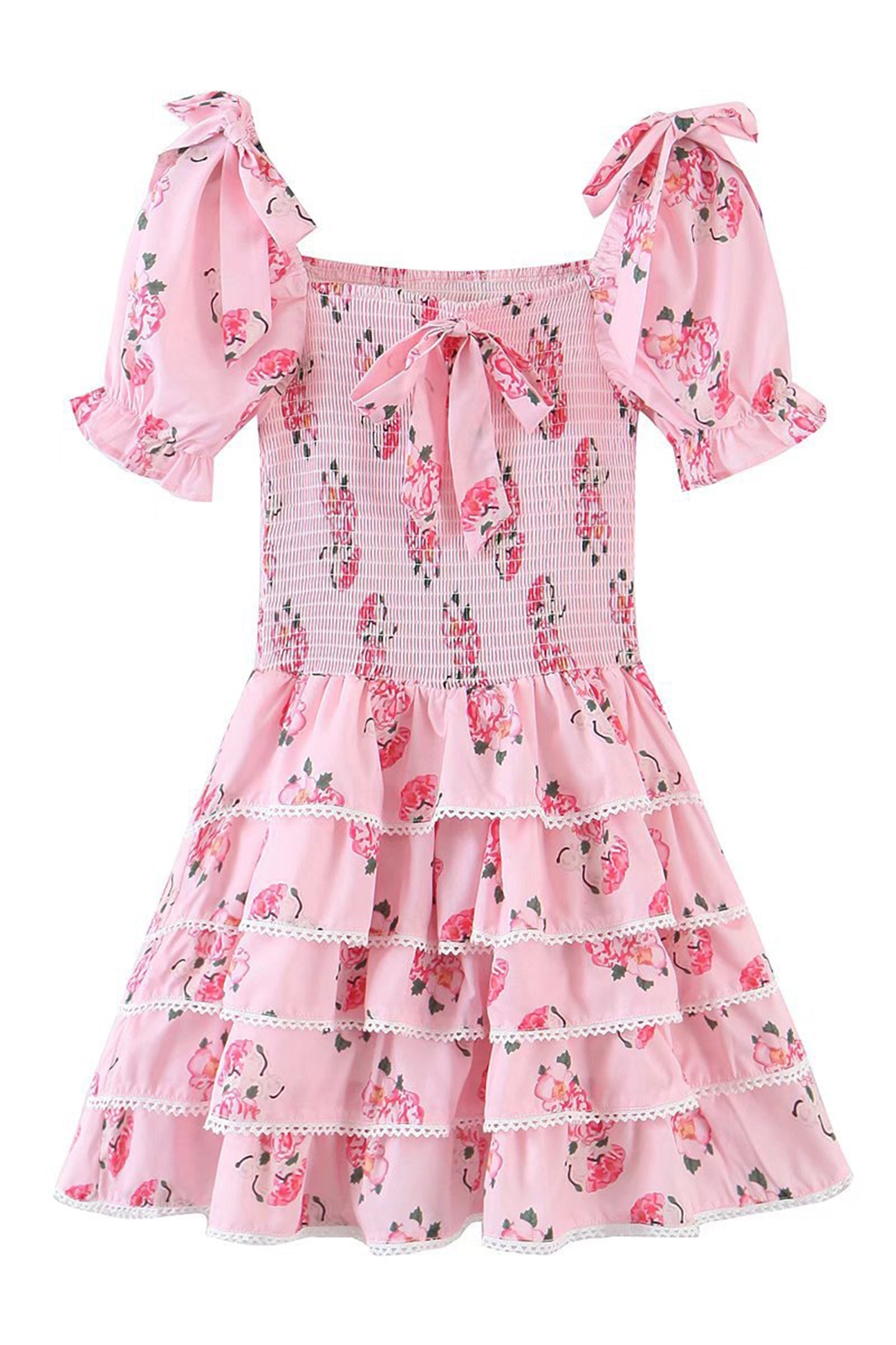 Floral Print Smocked Square Neck Tie-Shoulder Tiered Ruffle Mini Dress