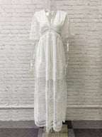 White Lace Boho Maxi Dress for Women - V Neck Short Sleeve Sheer Long Dress - Summer Beach Bridal Resort Wear 2026