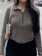 Solid Color Ribbed Zip Up Crop Long Sleeve Knit