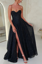 Glitter Cowl Neck Corset Bodice Spaghetti Strap Pleated High Split Pocketed Maxi Gown