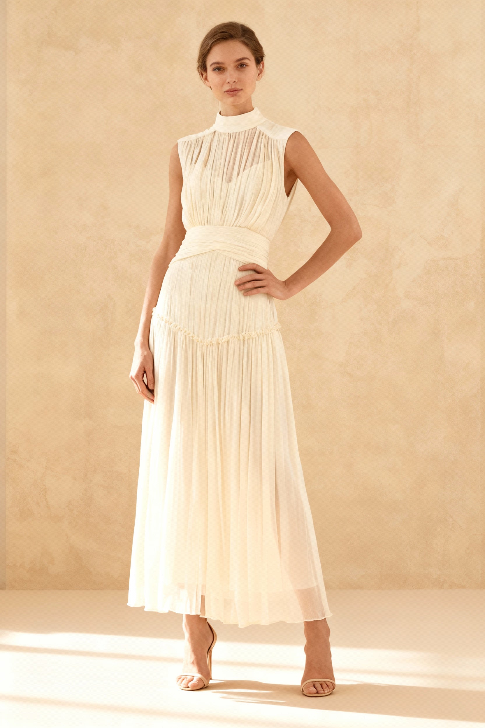 Sleeveless Mock Neck Pleated Waistband Chiffon Maxi Dress