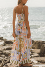 Unique Print Square Neck Spaghetti Strap Waist Casual Maxi Dress