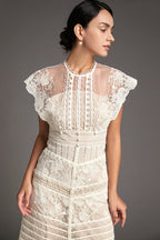 Floral Lace High Neck Flutter Sleeve Tiered Scallop Trim Midi Dress