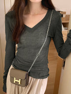 Ribbed V Neck Slim Long Sleeve Knit
