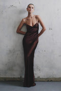 Satin Ruched Bust Spaghetti Strap Maxi Slip Dress