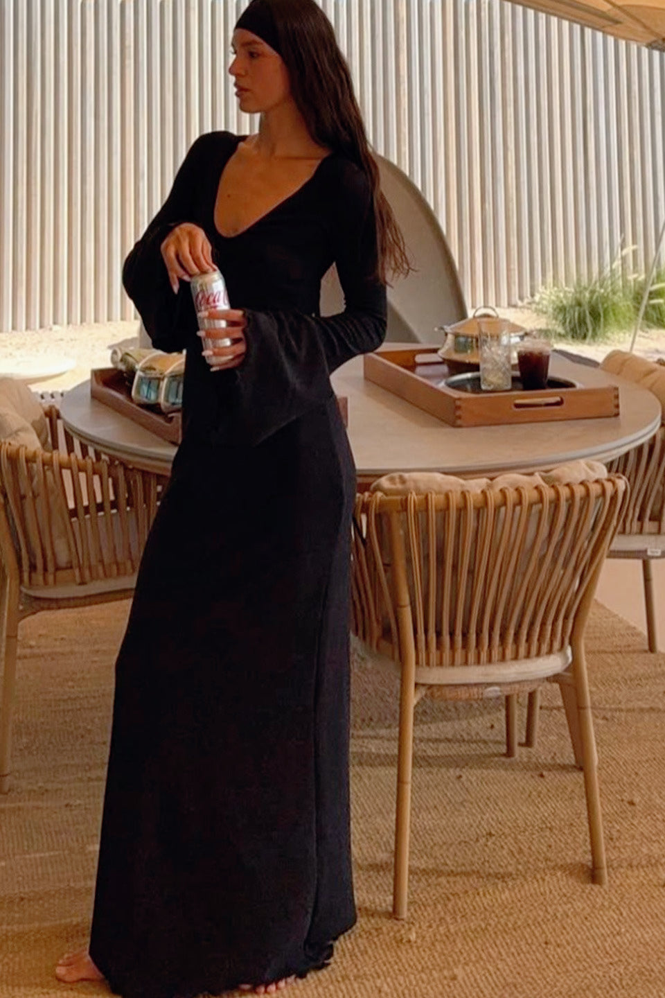 Glitter Deep V-Neck Lettuce Hem Long Sleeve Bodycon Midi Dress