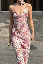 Floral Print Spaghetti Strap Deep V-Neck Slip Bodycon Maxi Dress
