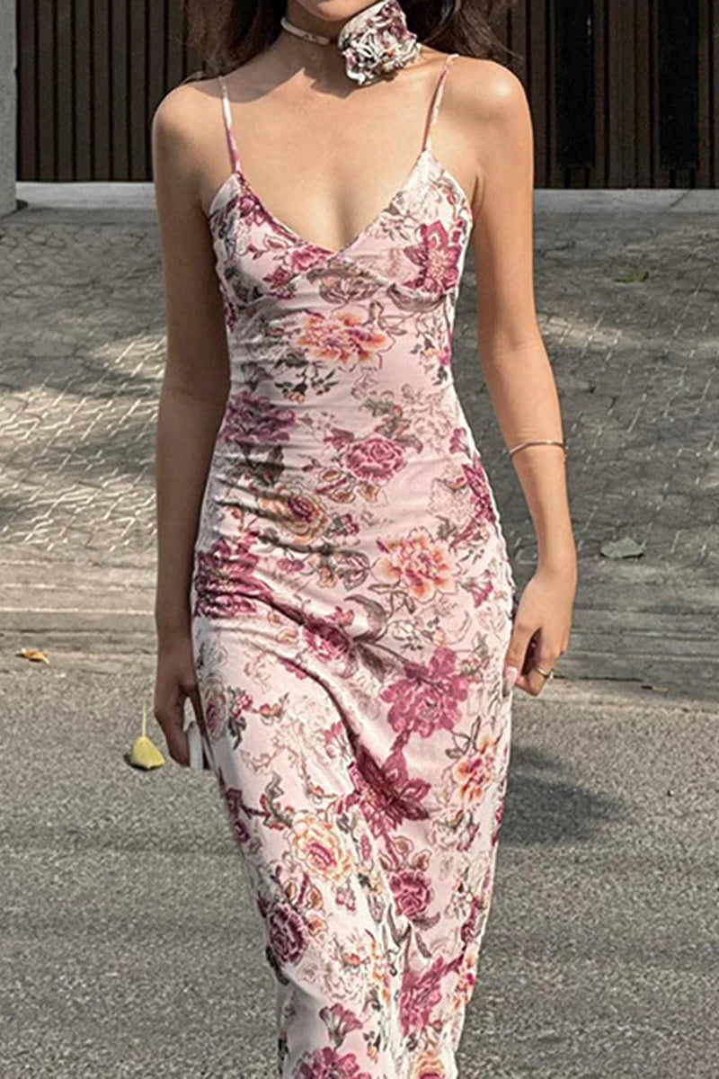 Floral Print Spaghetti Strap Deep V-Neck Slip Bodycon Maxi Dress