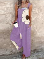 Floral Pattern Thick Strap Ruched Jumpsuit Casual Loose Fit Overall with Pockets