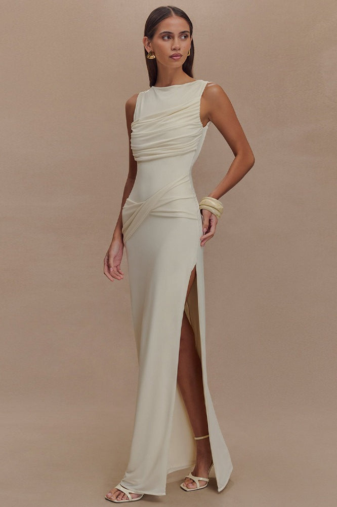Cowl Neck Draped Knot Waist High Split Sleeveless Formal Maxi Gown