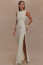 Cowl Neck Draped Knot Waist High Split Sleeveless Formal Maxi Gown