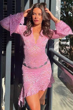 Lace Deep V-Neck Bell Sleeve Scalloped Ruffled Hem Mini Dress