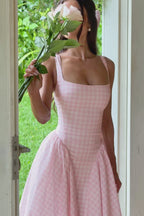 Gingham Square Neck Basque Waist Pleated Fit and Flare Midi Dress