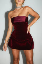 Velvet Fold Over Sleeveless A-line Strapless Mini Dress