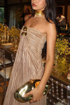 Golden Hour Metallic Pleated Strapless Maxi Dress