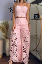 Sienna Embroidered Cut-Out Palazzo Pants Two-Piece Set