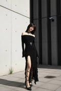 Off Shoulder Long Sleeve Bell Cuff Ruched High Split Ruffle Trim Maxi Dress