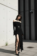 Off Shoulder Long Sleeve Bell Cuff Ruched High Split Ruffle Trim Maxi Dress