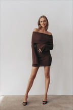 Off Shoulder Ribbed Knit Long Sleeve Flare Cuff Bodycon Mini Sweater Dress