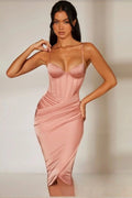 Satin Corset Underwire Spaghetti Strap Wrap Ruched Midi Dress