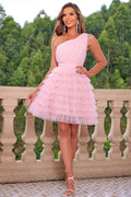 Pink Asymmetric Strapless Tiered Tulle Ball Gown Mini Dress