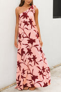 Botanical Print Sleeveless One-shoulder Tie-up Casual Vacation Maxi Dress