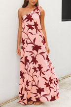 Botanical Print Sleeveless One-shoulder Tie-up Casual Vacation Maxi Dress