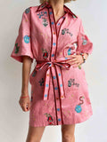 Whimsical Embroidery Shirt Collar Button Tie Waist Mini Dress