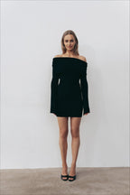 Off Shoulder Ribbed Knit Long Sleeve Flare Cuff Bodycon Mini Sweater Dress