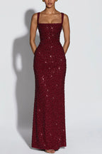 Calanthe Sequin Embellished Chiffon Ruched Square Neck Back Lace-up Maxi Dress