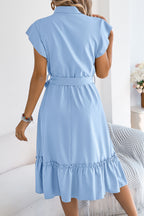 Solid Color Stand Collar Button Waist Tie Casual Midi Dress