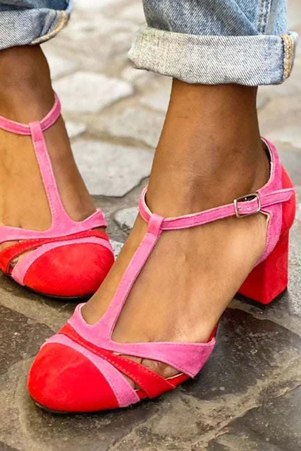 Color-blocked Faux Suede Chunky Heel Sandals