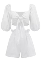 Linen Wrap Front Tie Puff Sleeve Shorts Sets In White
