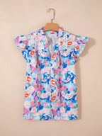 Floral Print Tie V Neck Contrast Detail Ruffle Short Sleeve Blouse