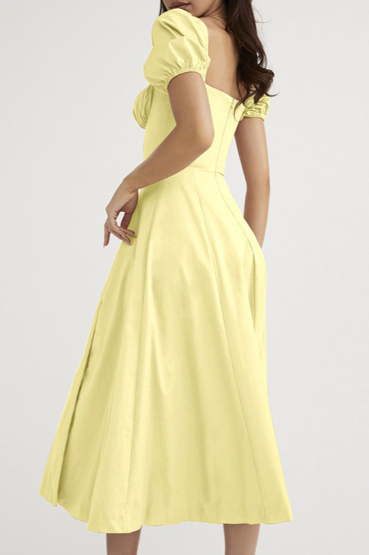Off Shoulder Puff Sleeve Corset Tie Front High Split Maxi Dress