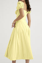 Off Shoulder Puff Sleeve Corset Tie Front High Split Maxi Dress