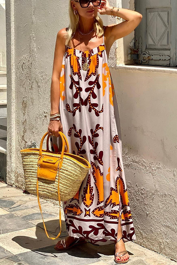 Ethnic Print Spaghetti Strap Loose Kaftan Maxi Summer Dress