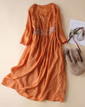 Cotton and Linen Embroidered Cropped Sleeve Dress