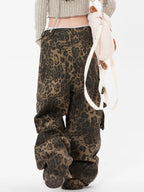 Leopard Print Pocket Overalls Cargo Jeans