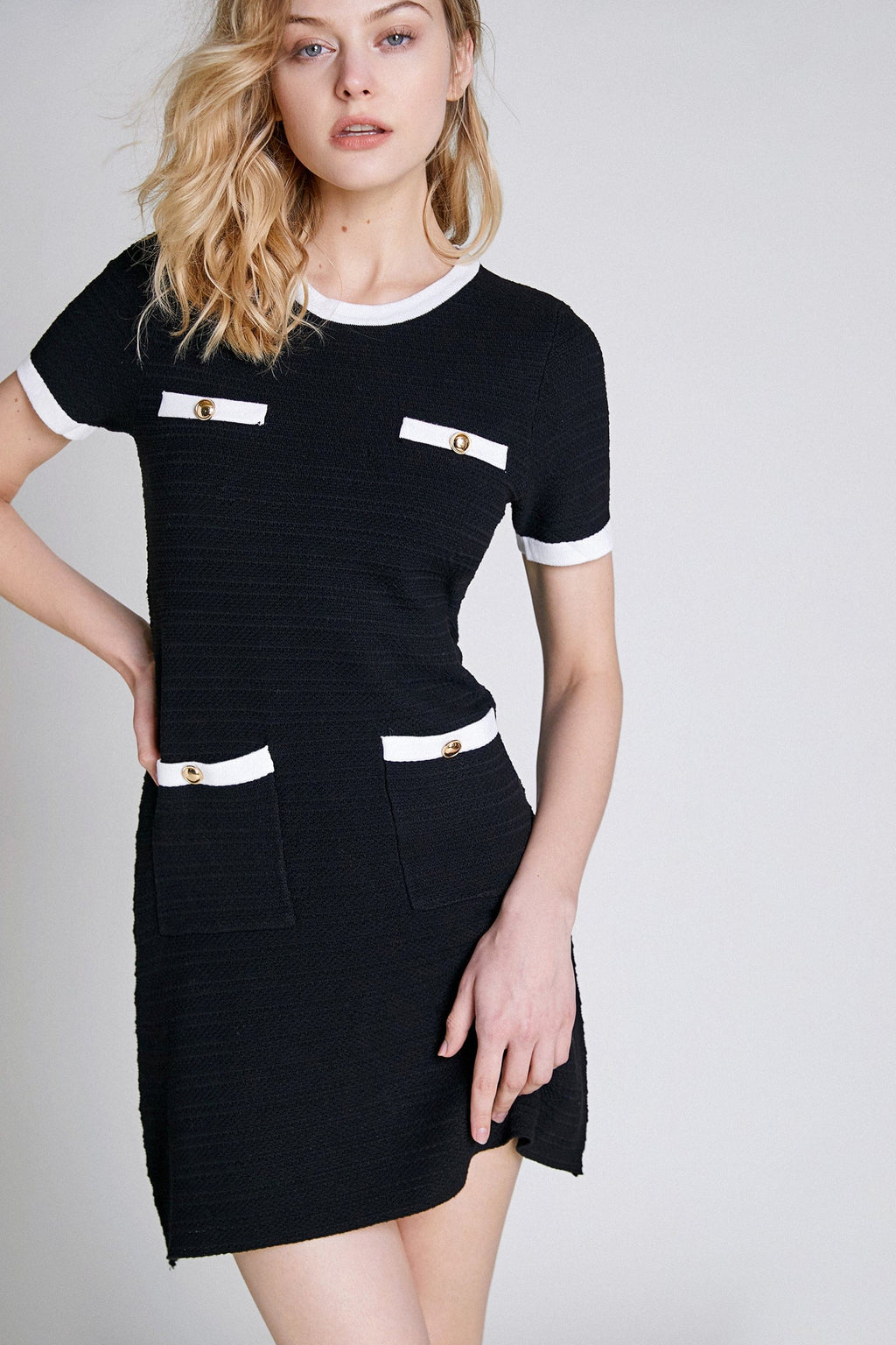Contrast Trim Knit Mock Pocket Button Detail Mini Dress