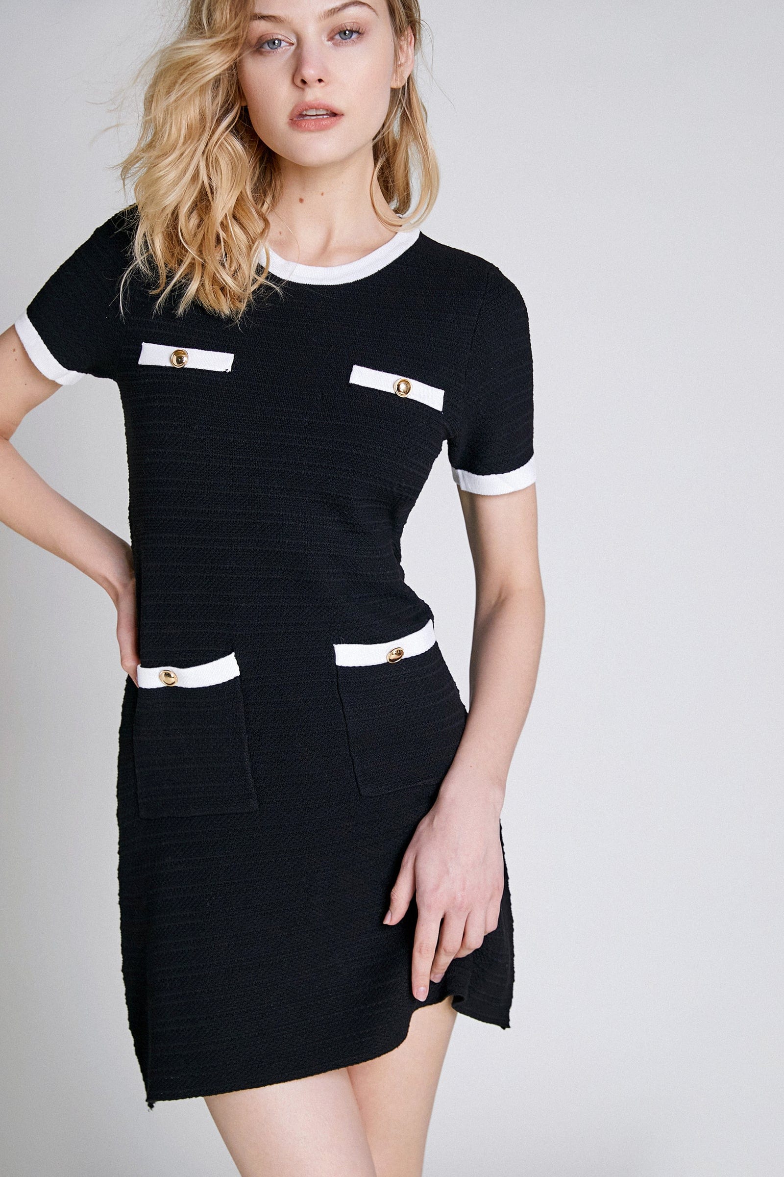 Contrast Trim Knit Mock Pocket Button Detail Mini Dress