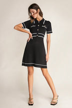 Polo Collar Button Front Contrast Trim Knit A-Line Mini Dress