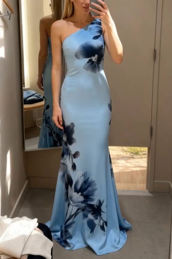 Floral Print One-shoulder Sleeveless Elegant Slim-fit Maxi Dress
