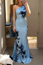 Floral Print One-shoulder Sleeveless Elegant Slim-fit Maxi Dress